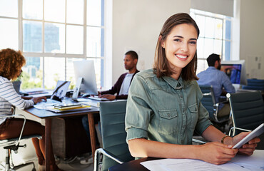 Portrait of woman in creative agency with smile, confidence and success at design startup. Happy...