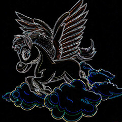 Color pencil illustration of Pegasus flying above clouds on black background.