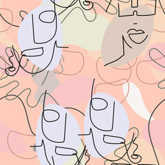 One line drawing. Abstract face seamless pattern.