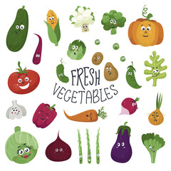 Set of isolated funny kawaii vegetables