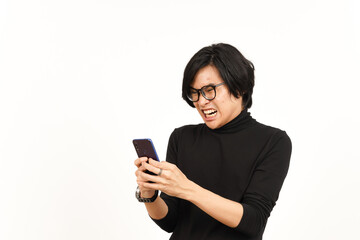 Holding and Using Smartphone with angry face Of Handsome Asian Man Isolated On White Background