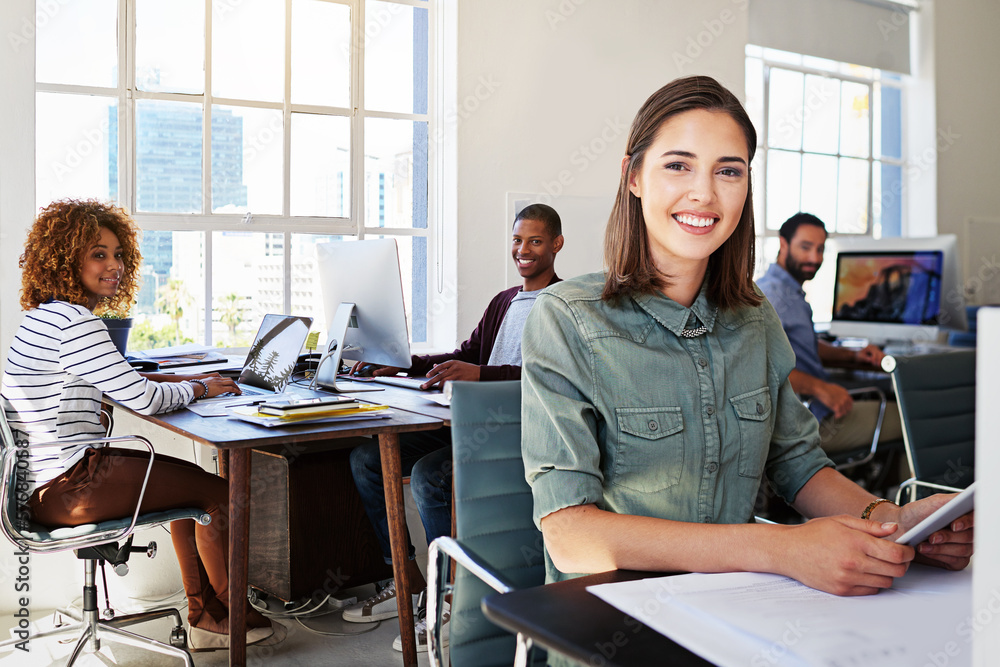 Poster Diversity, smile and portrait of woman in creative agency with staff, tablet and success at design startup. Happy designer in office, manager or team leader working digital content marketing project