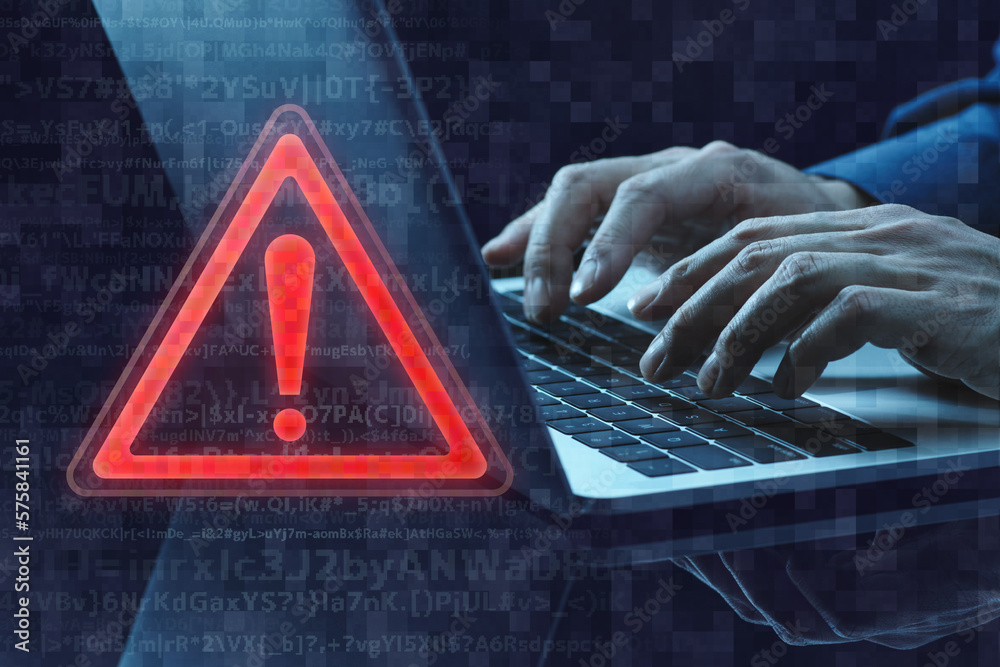 Poster Security alert of computer. Exclamation icon and laptop. Close up of hands typing.