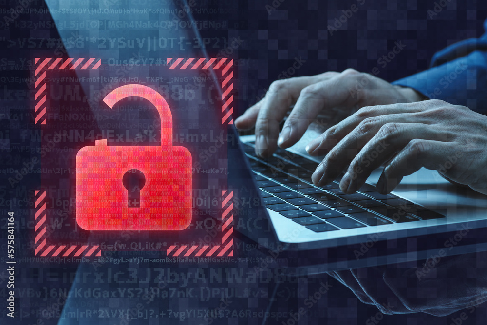 Poster Internet security vulnerability image. Unlocked padlock icon and laptop. Close up of hands typing.