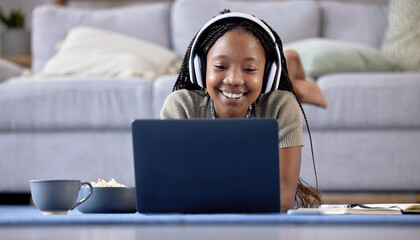 Black woman, student and laptop with smile for elearning, education or entertainment by living room...