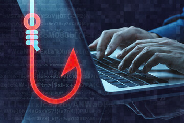 Phishing scam image. Fishhook icon and laptop. Close up of hands typing.