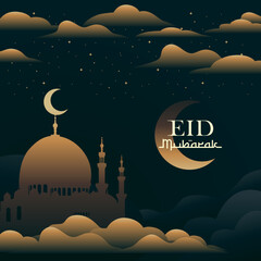 Eid Mubarak Greeting Card Design Background with Great Mosque Gold Color