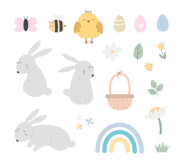 Obraz premium cute easter set. Cartoon bunny, egg, decor elements. Colorful vector illustration, flat style. design for greeting cards, print, poster