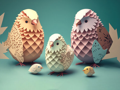 Cute fun chicken family with little chicks kirigami characters , Happy Easter Theme, AI Generative illustration.