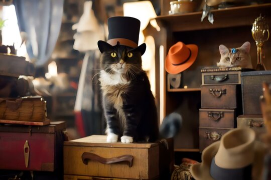 cat wearing a vintage hat exploring an antique shop (AI Generated)