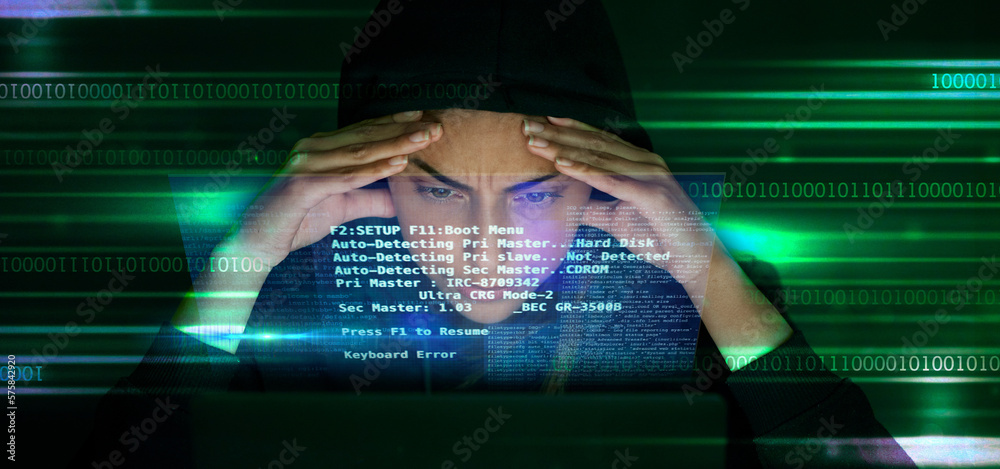 Fototapete Hacker, code and stress with cyber crime, fear of getting caught and double exposure in IT, cybersecurity fail and software. Coding, programmer and glitch, person with headache and screen overlay
