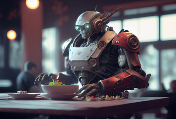 Gourmet humanoid robot as customer eating food in the restaurant. Business technology and innovation concept. Generative AI