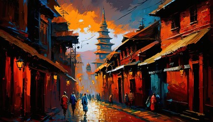 paint like illustration of Nepalese style ancient old city with natural landscape, Generative Ai - obrazy, fototapety, plakaty