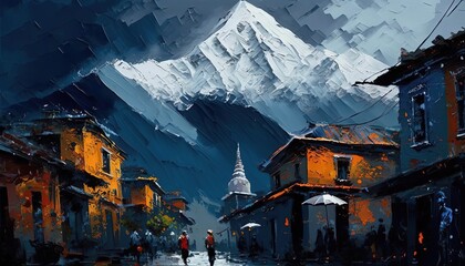 paint like illustration of Nepalese style ancient old city with natural landscape, Generative Ai - obrazy, fototapety, plakaty