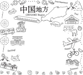 日本の中国地方の夏の名物観光のアイコンのセット（線画白黒）