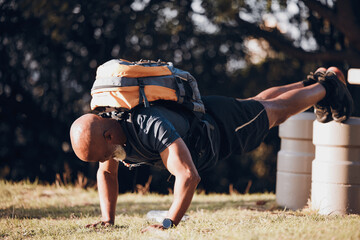 Pushup, strong and black man at a fitness bootcamp for exercise, workout and sports. Active,...