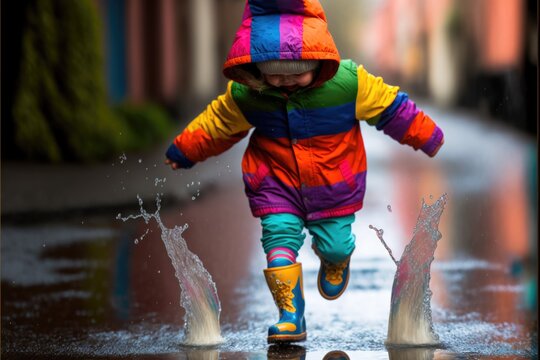 Kleines Kind in Regenjacke springt in eine Pfütze, Little child in rain jacket jumps into puddle