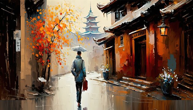 paint like illustration of beautiful ancient Asian village small town with people walking on narrow road along with cherry blossom tree in spring time, Generative Ai