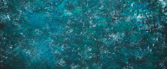 Green, blue, gray spotted scratched painted grunge texture or background with grain elements. Image with place for text. Template for design, banner