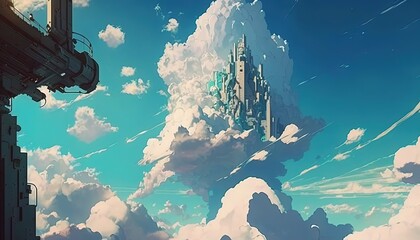 anime style illustration of beautiful castle over cloud, Generative Ai