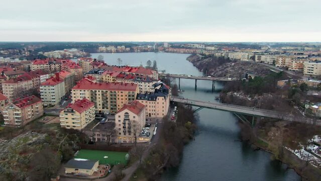 Vast aerial panorama over islands and urban area in Stockholm Sweden
