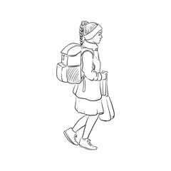 vector line drawing sketch of school girl with backpack , hand drawn illustration