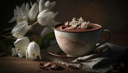 Fototapeta na wymiar Artistic beautiful romance hot chocolate with whipped cream beverage serve in glass with spring flowers, idea for background or wallpaper, Generative Ai