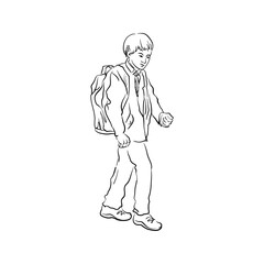 vector line drawing sketch of schoolboy with backpack, schoolchild, hand drawn illustration