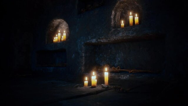 old dark catacombs with candles