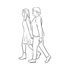 vector line drawing sketch of two walking woman, hand drawn illustration