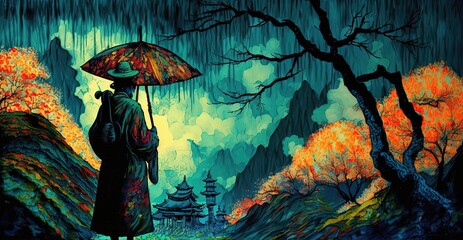 paint like illustration of a man with nature background, Asian style, Generative Ai