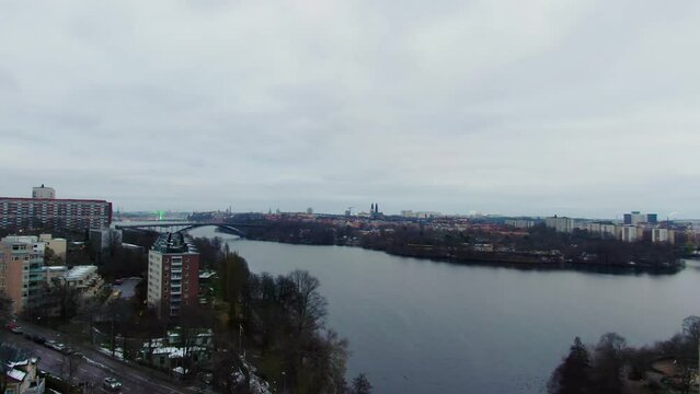 Drone shot showing various islands in Stockholm Sweden on winter day