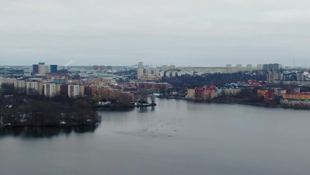 Stockholm Sweden on cloudy winter day in bird's eye view drone shot