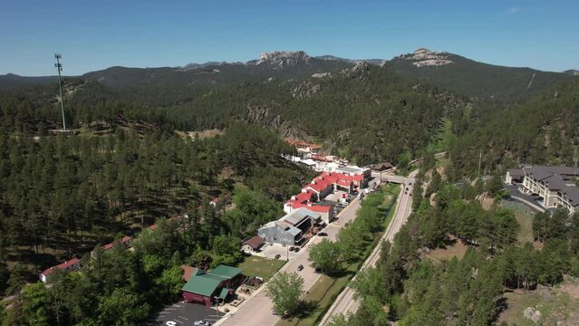 Aerial View of Keystone, South Dakota USA, Small Town and Landscape on Sunny Day