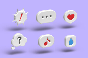 Purple background, emotional expression speech bubble set, vector image, heart mark, musical note, tears, 3d icon vector rendering illustration