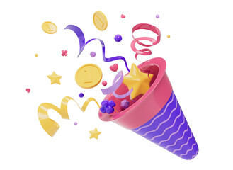 3D party popper with explosion confetti, coins, shapes. Colorful confetti explosion. Celebration firecracker. Floating elements. Cartoon style design 3D icon isolated on a white background. 3D render.
