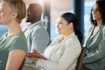 Seminar audience, crowd and business people listening at presentation conference, training workshop...