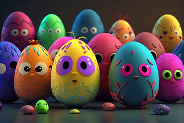 Colorful easter eggs, cartoon style. Generative AI.
