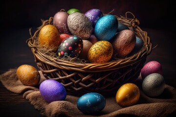 Fototapeta na wymiar Basket of colorful Easter eggs. black background. Generative AI.