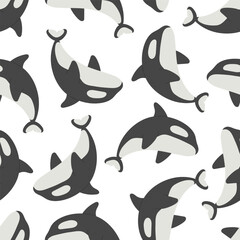 Seamless pattern with cartoon killer whale, decor elements. Colorful vector for kids, flat style. Hand drawing, animals. sea life. Baby design for fabric, textile, print, wrapper