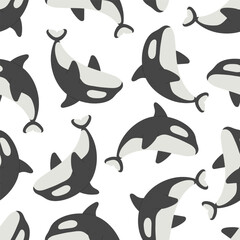 Fototapeta premium Seamless pattern with cartoon killer whale, decor elements. Colorful vector for kids, flat style. Hand drawing, animals. sea life. Baby design for fabric, textile, print, wrapper