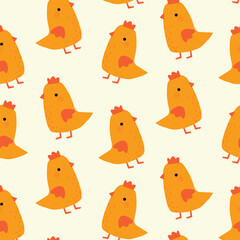 Pattern with yellow chickens in cartoon style