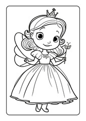 Coloring book page for girl children with cute queen princes unicorn mermaid vector illustration fantasy theme