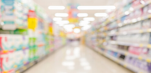 blurred background with  aisles and shelves in supermarket
