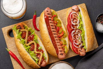 Various hot dog and beer