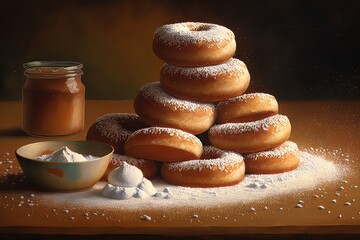 Homemade bakery. A pile of doughnuts sitting on top of each other topping with icing. Tasty Delicious Dessert. Low Calorie. Generative AI