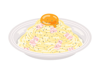 皿に盛り付けられた、カルボナーラパスタのイラスト