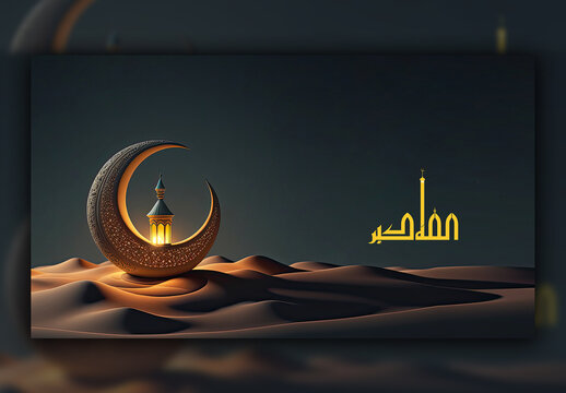 Beautiful Crescent Moon with Illuminated Lantern on Sand Dune, Night Background, with Islamic Arabic Dua (verses) �Allah Ho Akbar� translation  �Allah is Great'. Fully Editable Text, Smart Object. 
