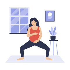 Flat design of pregnant woman practicing yoga at home. Illustration for websites, landing pages, mobile apps, posters and banners. Trendy flat vector illustration