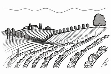 Fototapeta premium Vineyard with rows of grape vines and house. simple line drawing illustration style. Generative ai